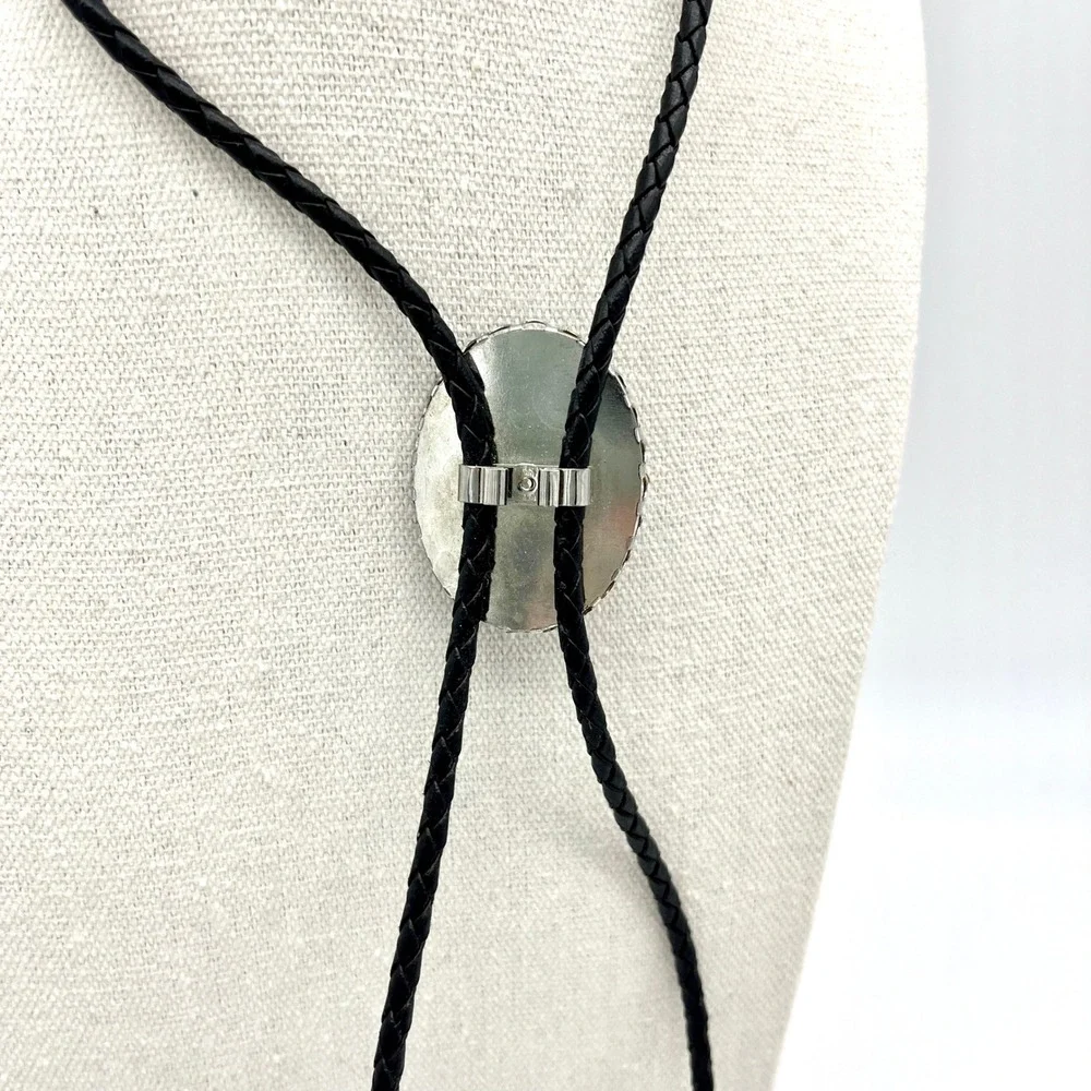 Bolo Tie Blue Gold Resin Stone Braided Leather Cord Western Cowboy Necklace‎